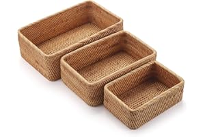 DECRAFTS Paniers de Rangement Rectangulaires en Rotin Corbeille en Osier Tressé Naturel pour étagère D'armoires de Cuisine 3 Pièces