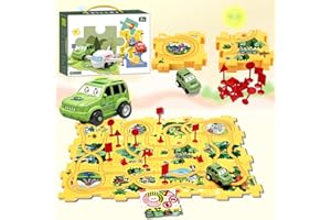 ROUSKY 2023 Nuovo set di giochi per auto da pista puzzle per bambini, carrello elettrico per assemblaggio fai-da-te per bambini (dinosauro giallo)