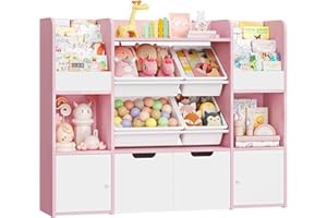 ‎FOREHILL FOREHILL Półki dla Dzieci, Regał na zabawki, regał na książki dla dzieci z 4 wyjmowanymi pudełkami, 2 drzwiczkami, 2 szufladami na kółkach do pokoju zabaw Meble 126 x 30 x 104 cm Różowy