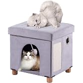 BRIAN &amp; DANY Cat House, Cave for Indoor Cats, Folding Cat Bed with Scratching Board and Play Ball, Stool with Wooden Legs, 37