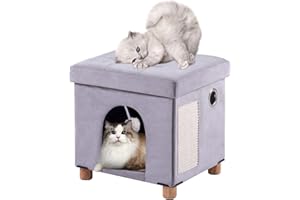 BRIAN & DANY Cama Plegable para Gatos de Interior, Cubo Grande de Gato para casa de Gatos con Tablero de arañazos y Pelota de Gato, 31 x 31,8 x 36 cm, Gris