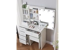 TOPHEHAN Dressing Table with LED Lights, White Vanity Makeup Table Set with Mirror and Stool, Bedroom Dresser Cosmetic Makeup Desk with Drawers and Shelves Storage Unit for Girls (A1)
