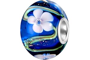Andante-Stones - Original, Plata de Ley 925 sólida, Cuenta de Cristal de la Serie Sealife Azul, Flores Blancas, Elemento Bola para Cuentas European Beads + Saco de Organza