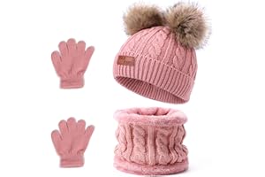 Balakaka Cappello Guanti Sciarpe Set Bambino Invernale, 3 in 1 Carino Caldo Berretto Lavorato in Maglia con Pompon, Morbido Caldi Guanti Cappelli Inverno per Bambina Bambini Ragazzo Ragazza 2-8 Anni