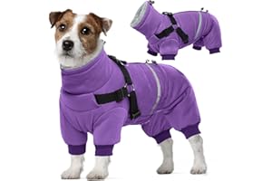 PUMYPOREITY Abrigo con Arnés para Perros Pequeños, Chaqueta de Plumas Cálida para Nieve con Forro Polar, 4 Patas, Cremallera Ajustable para Clima Frío (Púrpura, XL)
