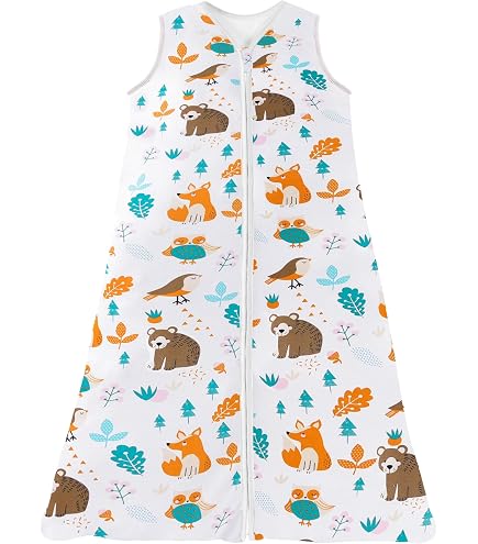 Sacco Nanna Estivo Bambini 100% Cotone - Senza Maniche, Per Altezze 130-150 Cm, Grigio Foresta Con Animali