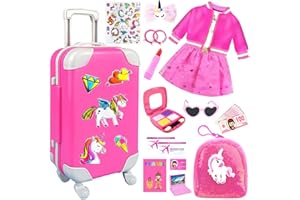 BNUZEIYI 23Pcs 18 Inch Girl Doll Accessories Case Luggage Travel Play Set with Doll Clothes Cute Bag Computer Glasses Pretend Makeup Toy Stickers Doll Stuff Fit 18 inch Doll Christmas Birthday Gift