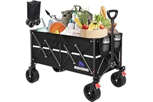 ROSONG Chariot de Plage Pliable-Chariot de Jardin 4 Roues Tout Terrain avec Freins Charrette Transport Grande Capacité 150KG pour Camping Courses Plage et Extérieur
