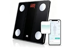 SENSSUN Bluetooth Badrumsvåg Kroppsfett 150 kg/330 lb, 26x26cm, Svart | Bluetooth-personvåg med gratisapp – mäter 15 värden (inkl. BMI, kroppsfett och muskelmassa), LED-display