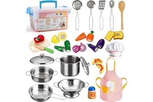 Tigerhu Küchenspielzeug Zubehör, Kinderküche Zubehör Holz, Spielküche Zubehör Lebensmittel Spielzeug Edelstahl Pfannenset Schürze Puppenküche Backformen, Rollenspiele Mädchen und Jungen