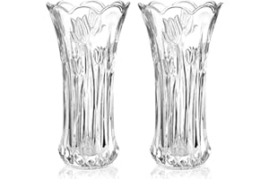 Dicunoy Set of 2 Glass Flower Vase, 9.5" Large Flower Vases for Living Room, Decorative Modern Clear Vase for Centerpiece, Heavy Duty Crystal Tall Cylinder Flared Vases for Home, Wedding, 25 x 13cm