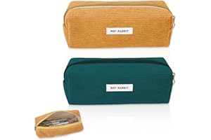 JOZMMZEOOA 2 Pièces Rousse à Crayons Velours Côtelé, Trousse Scolaire Pencil Case Grande Capacité Trousse Scolaire Sac de Rangement Portable Trousse avec Fermeture Eclair（Jaune,Vert Foncé）