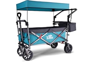 ‎TMZ TMZ Bollerwagen faltbar mit Dach Handwagen Transportkarre Gerätewagen Strandwagen Mit Hinterradbremse | klappbar | Vollgummi-Reifen | bis 120 kg Tragkraft, Türkis/Grau