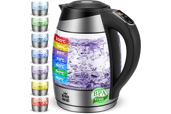 FOR ME Bouilloire Électrique en Verre 1.8L, Contrôle de la Température, Température Réglable à Partir de 40°C à 100°C, Éclairage LED 7 Couleurs, Fonction de Maintien au Chaud, Sans BPA