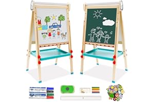 NUKIED Caballete Infantil con Rollo de Papel,Caballete de Madera de Doble Cara,Pizarra Blanca y Pizarra Ajustable,Regalo de Cumpleaños para Niños y Niñas