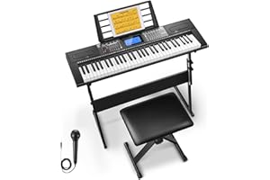Donner Keyboard Piano 61 Key, Kit de teclado eléctrico con 249 voces, 249 ritmos - Incluye soporte de piano, taburete, micrófono, regalo para principiantes, negro (DEK-610S)