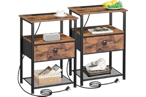 AMHANCIBLE Bedside Table Set of 2 with Charging Station, Nightstand with Fabric Drawer and Open Storage Shelf, Small Side Table, Bedside Cabinets for Living Room, Sturdy Metal Frame, Brown HETS010PBR
