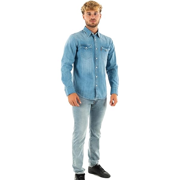 Wrangler Iconic Denim Regular Fit Snap Shirt Chemise à Bouton Bas Homme