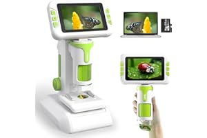 Charmofun Microscopio Bambini, Microscopio Digitale con Schermo LCD 4", Ingrandimento 1600X, Microscopios Portatile Bambini con Scheda di Memoria da 64GB, Foto e Video, Funzione Portatile e Fissa