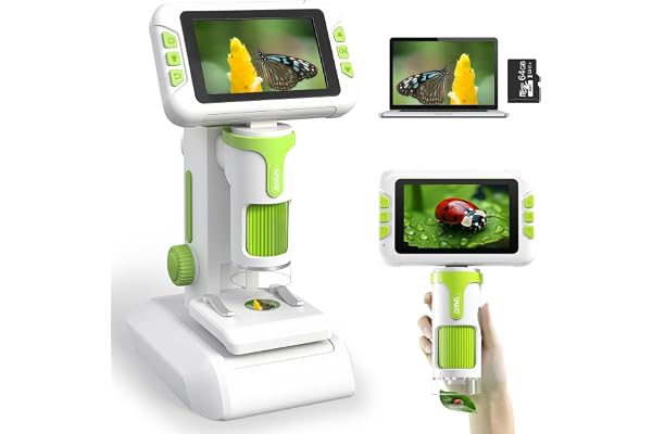 Charmofun Microscope Enfant, Microscope Enfant Portable avec Carte Mémoire 64Go, Microscopes Numérique Écran LCD 4 Pouces et Grossissement 1600X, Prise de Photos et Vidéos, Fonction Portable et Fixe