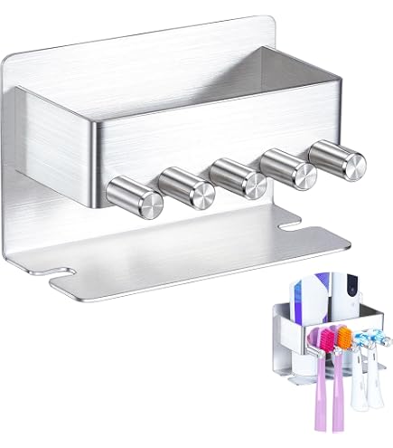Portaspazzolino Da Bagno In Acciaio Inox Nero - Organizer Da Parete O Appoggio Con Porta Dentifricio E Rasoio, 7,5x10x10,5 Cm - 3
