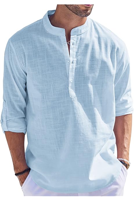 Camicia Uomo In Cotone E Lino - Henley Manica Lunga, Casual E Comoda Per Estate