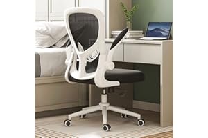Hbada Office Chair Ergonomic Desk Chair, Office Desk Chairs with PU Silent Wheels, Breathable Mesh Computer Chair with Adjustable Lumbar Support, Flip-up Armrests, Tilt Function, White