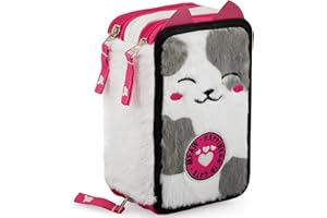 Julian Ross Fluffy Chaton Trousse Peluche pour Enfant, Étui Triple Rempli 3D Fille, 45 Accessoires pour l'École, 3 Fermetures Éclair, Crayons de Couleur, Feutres, Colle, Ciseaux