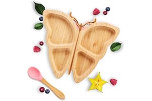 Kleiner Fuchs Assiette en bambou de qualité supérieure avec ventouse, ventouse antidérapante avec cuillère pour bébé assortie, pour des repas amusants, ensemble de vaisselle en bambou avec boîte