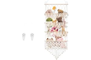 GIOTUK 4-Layer Hanging Toy Storage Organizer – Beige Plush Toy Hammock for Kids, Cotton Rope Mesh with Wooden Beads, Large Capacity Nursery Stuffed Animal Holder for Bedroom & Playroom