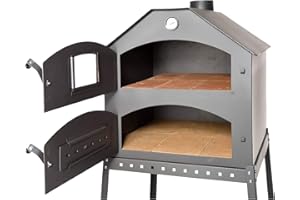 acerto 40504 Profi Pizzaofen für den Garten - 64x63x68 cm * Schamott-Stein * Thermometer * Drosselklappe | Pizza-Backofen mit Doppelkammer | Flammkuchen-Ofen mit Gestell | Outdoor Brotbackofen