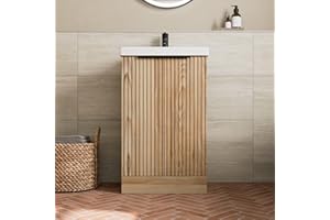 BAYSTONE® Fluted 500mm Bathroom Vanity Unit Ceramic Wash Sink, Cloakroom Storage Furniture Under Basin Cabinet Floorstanding Cupboard, Wood