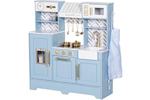 BRINJOY Children's Kitchen, Wooden Toddler Kitchen Set with Curtains, Coffee Machine, Storage Rack, Stove, Sink, Tableware, Light & Sound, Play Kitchen Toy Gift for Girls Boys (Blue)