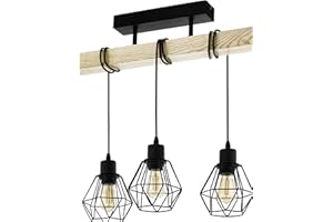 EGLO Deckenlampe Townshend 5, 3 flammige Vintage Deckenleuchte im Industrial Design, Retro Pendelleuchte aus Stahl und Holz, Schwarz, braun, FSC zertifiziert, E27 Fassung