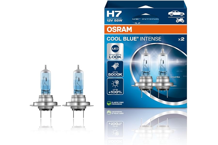 OSRAM COOL BLUE INTENSE H7, +100% más de brillo, hasta 5.000K, lámpara de faro halógena, aspecto LED, caja plegable colgante 