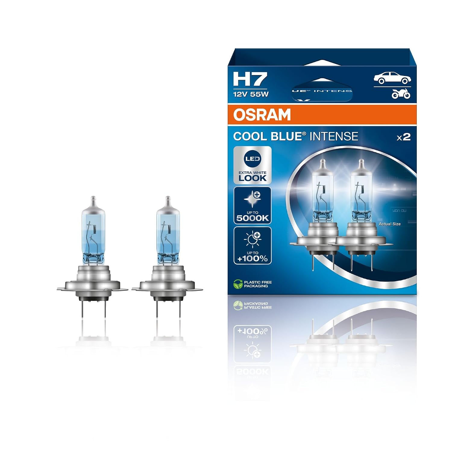 OSRAM COOL BLUE INTENSE H7, +100% más de brillo, hasta 5.000K, lámpara de faro halógena, aspecto LED, caja plegable colgante (2 lámparas) | lámpara de faro halógena, aspecto LED, caja plegable colgante (2 lámparas)