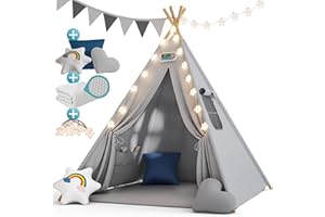 Spielwerk® Kids Teepee with Fairy Lights | Baby Toy Play Tent | 2.5cm Thick Play House Mat | 3 Cushions | 130x130x160cm | Cotton Carry Bag | Toddler Toys | Pearl Grey