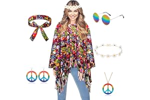 YODITI Disfraz hippie de los años 70 para mujer: 6 piezas de ropa incluye poncho paz signo collar pendientes cinta para el pelo gafas de sol diadema accesorios para cosplay años 60 fiesta carnaval