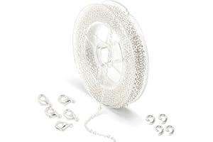ALEXCRAFT Chaîne Argent 33 pieds 2mm pour la fabrication de bijoux DIY Link Chaîne avec 20 fermoirs mousquetons et 50 anneaux ouverts,Chaine Argent pour Bijoux, Collier Homme Femme