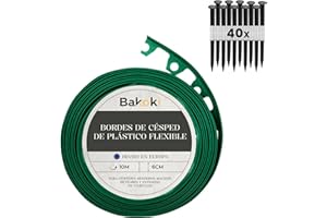 BAKOKI Borde flexible para césped (10 m, 40 anclajes de tierra, 6 cm de altura), color verde, plástico, resistente a la intemperie, borde redondo para césped, borde de parterres, borde de corte