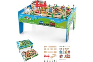 RELAX4LIFE Tavolo Attività in Legno per Bambini con Binari e Treno, da 84/80 Pezzi, Piano Reversibile e Rimovibile, Cassetto per Ragazzi e Ragazze (Blu, 80 Pezzi)