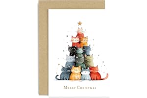 OLD ENGLISH COMPANY Cat Christmas Tree Illustration Greeting Card - Unique Christmas Cards for Him or Her - Playful Xmas Card design foir Friends and Family - Happy holidays