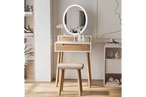 YU YUSING Toeletta da Trucco con Specchio con LED, Postazione Trucco con Sgabello, Tavolo da Trucco 3 Cassetti, 3 Colori, Luminosità Regolabile, Tavolo da 60cm per Spazi Ridotti, Bianco e Naturale