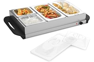 Jago® Scaldavivande Elettrico per Buffet - Temperatura Regolabile 40-85°C, Acciaio Inossidabile, Coperchio Trasparente - Chafing Dish (4 contenitori / 2 x 2.5L + 2 x 1L (7L))