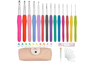 OWNSUN Frevoitna 14 Stück Häkelnadel Set Mehrfarbig, Häkelnadeln mit Nadeln und Stichmarkierungen 14 Größen, Stricken Nadeln Kit mit TPR Weichem Griff und Aufbewahrungsbox, Crochet Hooks Set Für Anfänger