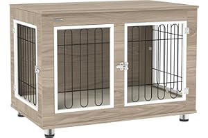 PawHut Cage pour Chien Meuble Cage Chien intérieur Table d'appoint Multi-usages avec Double Porte et Coussin - Niche pour Chien Moyenne et Grande Taille - 90 x 58 x 65 cm, Aspect Noyer