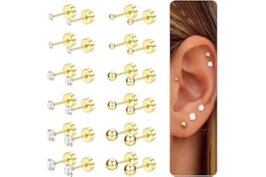 CASSIECA 12 Paia Orecchini per Donna Uomo Acciaio Inossidabile Piccolo Barbell Orecchini Piercing Piccola CZ Vite A Sfera Rotonda Orecchini Cartilagine Posteriore Piatta Set 2-4MM