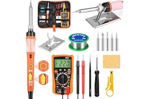 Saldatore a Stagno,SREMTCH Stagno per Saldatura Kit con Multimetro Digitale, Con Interruttore ON/OFF,Temperatura Regolabile 200-450℃ Supporto per Saldatore, Borsa per Attrezzi