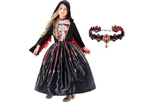 Tosekry Deguisement Halloween Fille Deguisement Halloween Enfant, Costume Halloween Enfant Costume Sorciere Enfant Composé d'une Robe avec une Capuche et d'un Collier Gothique