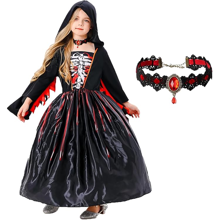 Costume De Vampire Pour Fille - Robe Velours Gothique Avec Collier - Déguisement Halloween, Carnaval, Cosplay - Tailles 4-14 Ans